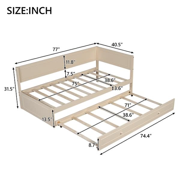 dimension image slide 1 of 2, Twin Wood Daybed with Trundle, Guardrail, Beige, Vintage Style, No Box Spring Needed