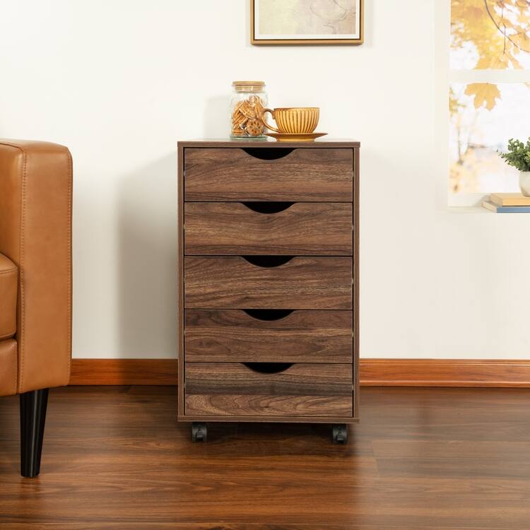 5 Drawers Chest, Wood Storage Dresser with Wheels, Craft Storage Organizer and Storage Drawer Office Drawer Unit