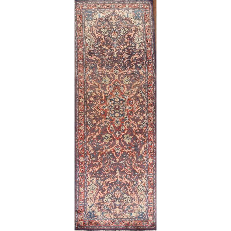 Hand Knotted Oriental 100% Wool Carpet Traditional Floral Navy Blue & Blues Mahal Runner Rug - 10' 10'' X 3' 3''