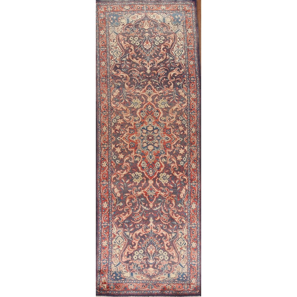 Hand Knotted Oriental 100% Wool Carpet Traditional Floral Navy Blue & Blues Mahal Runner Rug - 10' 10'' X 3' 3''