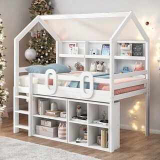 Twin Size House Loft Bed with Multiple Storage Shelves - Bed Bath ...