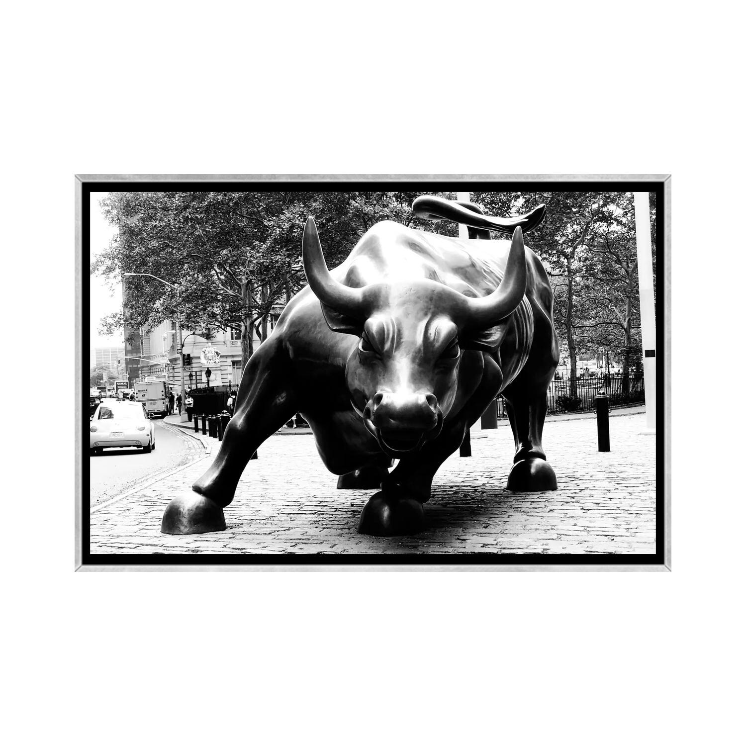 iCanvas "Wall Street Bull Black & White" by Unknown Artist Framed