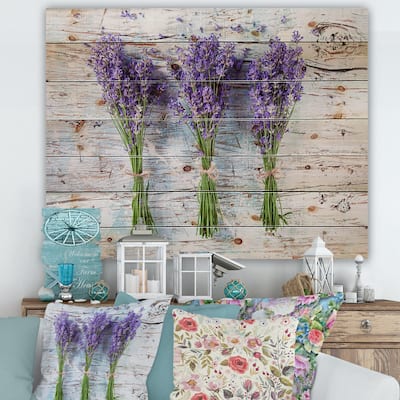 Designart 'Fresh Lavender On Wood' Farmhouse Print on Natural Pine Wood