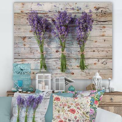 Designart 'Fresh Lavender On Wood' Farmhouse Print on Natural Pine Wood