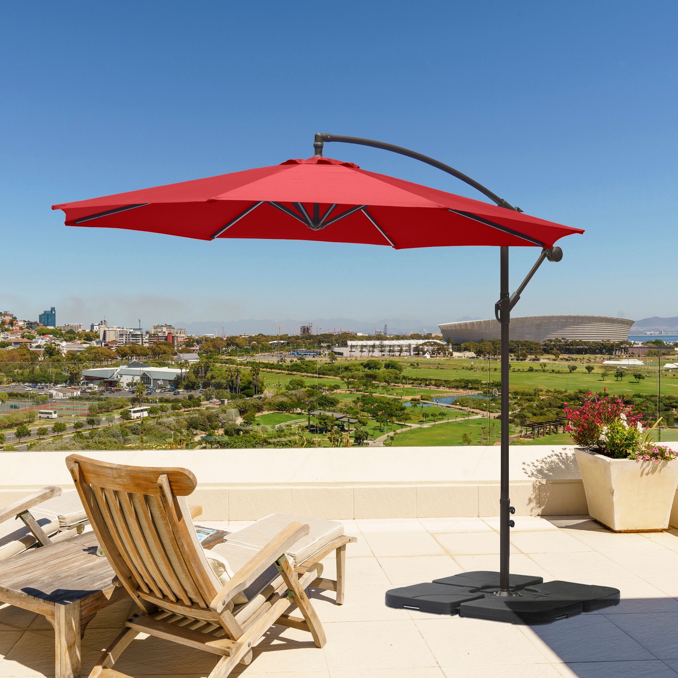 le conte metz 10 ft. offset hanging patio umbrella Grand Napoli 10x13 FT Rectangular Umbrella, Heavy Duty Aluminum Cantilever Umbrella, Easy Tilt, All-Weather Canopy, Champagne Solar powered LED lights also allow for night use Weller 10 ft. Offset Cantilever