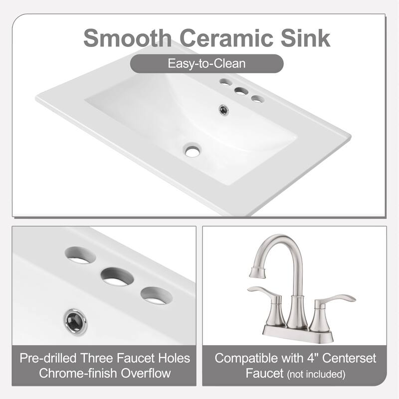 24" Bathroom Vanity with Sink, Freestanding Cabinet with Drawer, Pull-Out Basket & Shelf, Soft-Close Door, Ceramic Basin