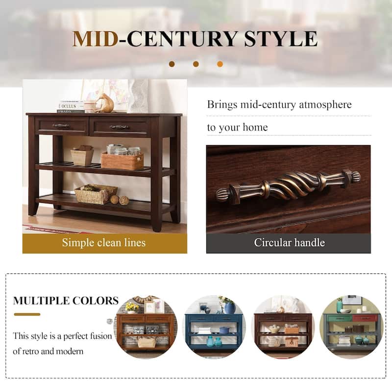 Console Sofa Table with 2 Storage Drawers and 2 Tiers Shelves, Mid-Century Style 42'' Solid Wood Buffet Sideboard