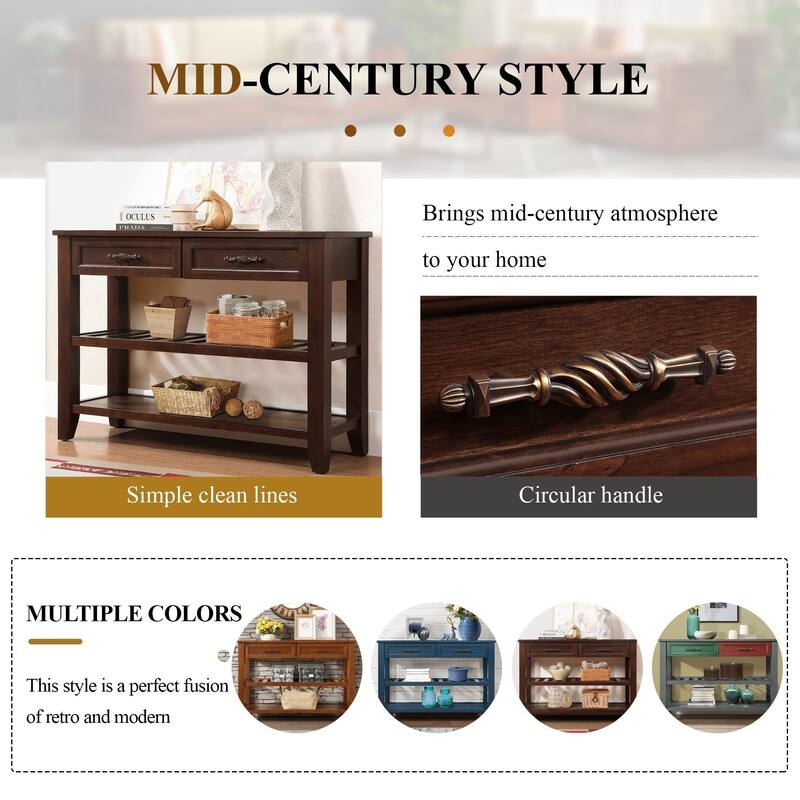 Mid-Century Console Sofa Table with Drawers and Shelves, 42 Inch Solid Wood Sideboard for Entryway and Hallway