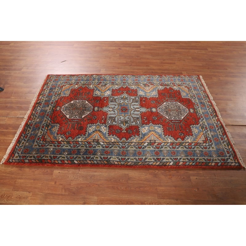 Orange Geometric Heriz Serapi Rug Hand-Knotted Wool Carpet - 3'0" X 5'11"