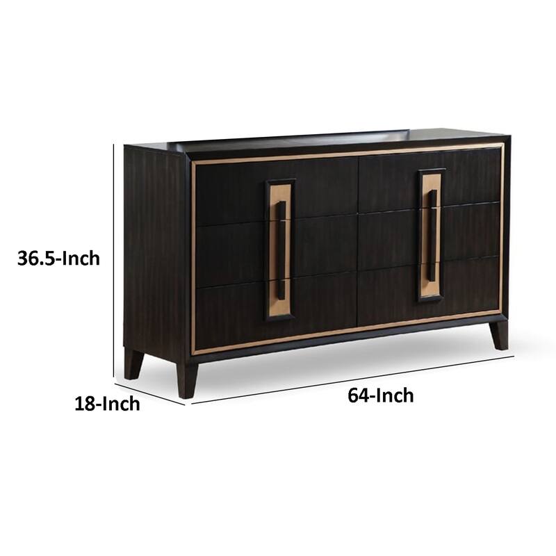 Yada Wide Dresser, 6 Drawers, Espresso Brown Solid Wood, Gold Metal