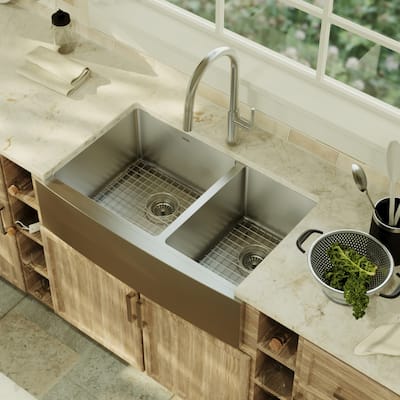 Karran Farmhouse Apron Front Stainless Steel 33 in. Double Bowl Kitchen Sink Kit
