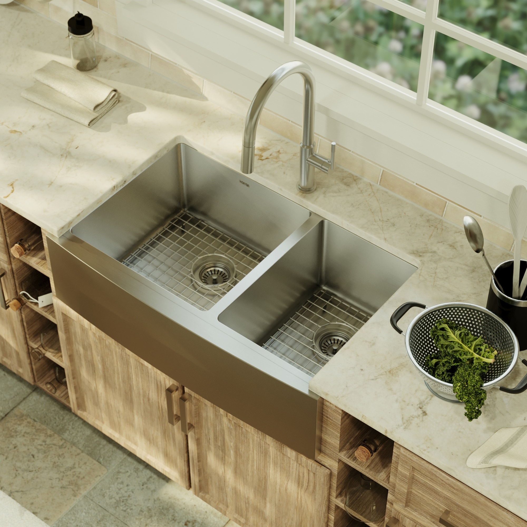 Karran Farmhouse Apron Front Stainless Steel 33 in. Double Bowl Kitchen Sink Kit - Silver