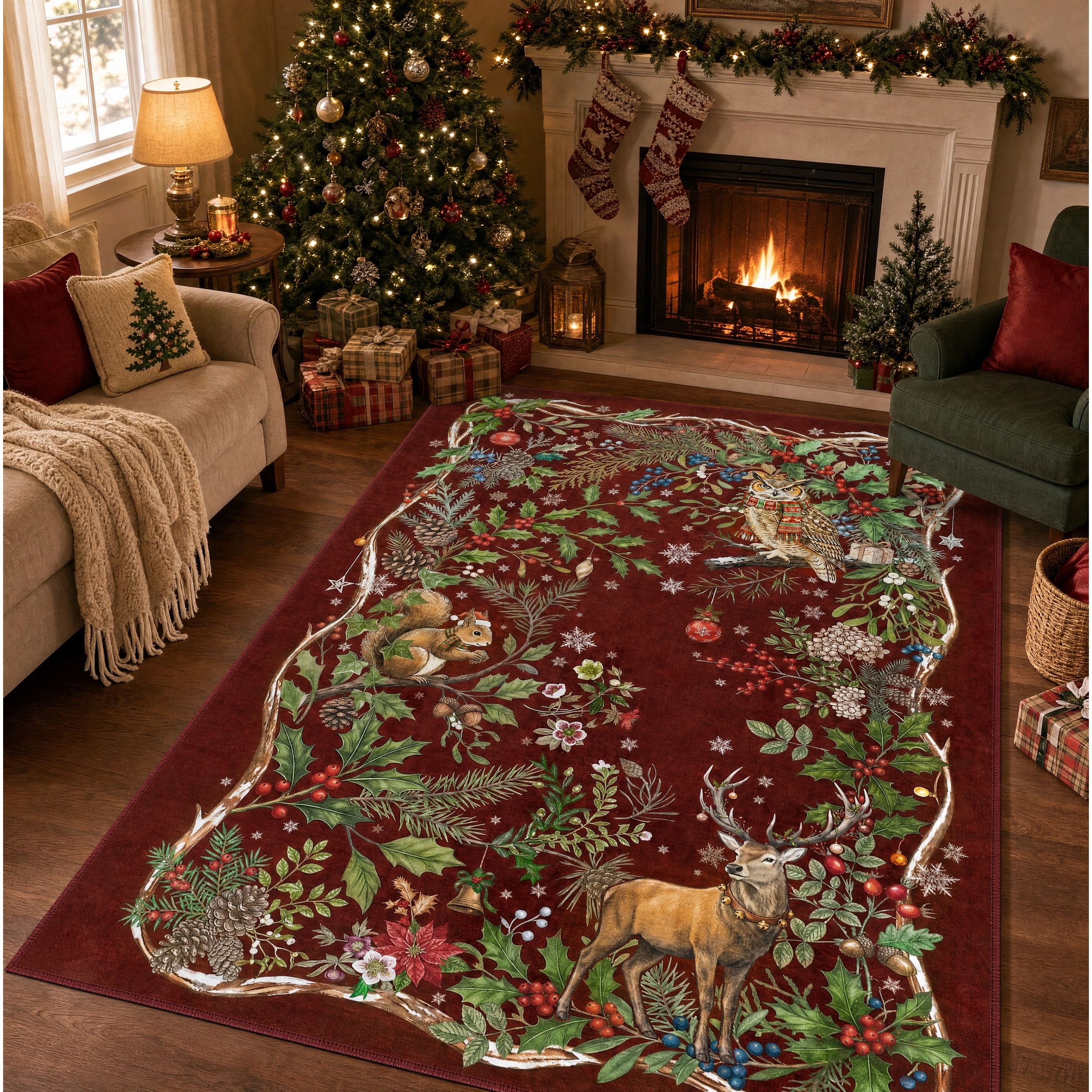 Washable Christmas Woodland Animal Area Rug & Runner, Non-Slip Low-Pile Holiday Floor Mat