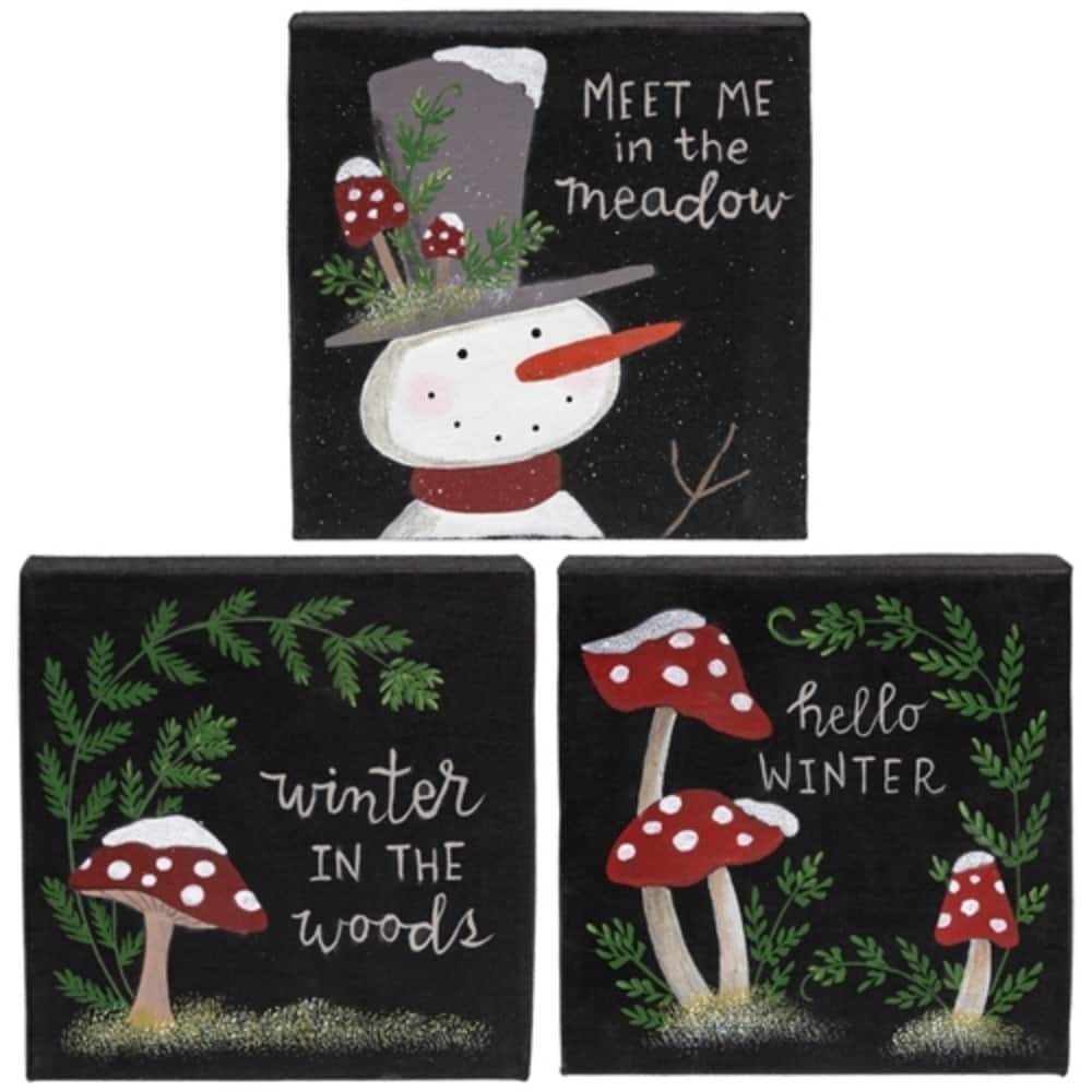 Black Red Green Wooden Winter Mushroom Canvases Set with Glitter Accents, 3 Asstd. - 7 x 1 x 7 in.