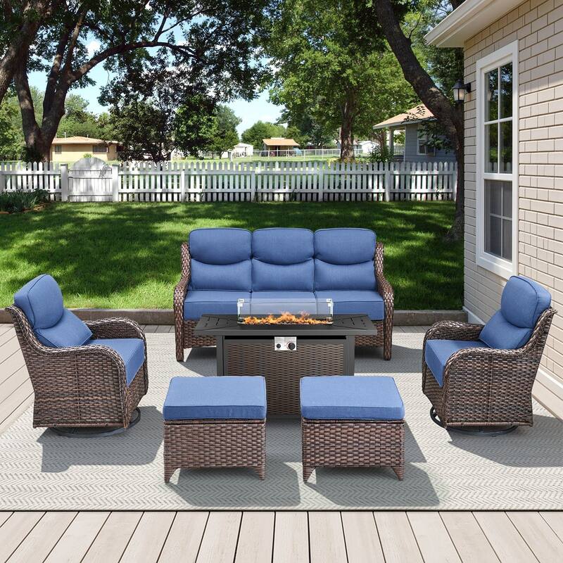 Arcadia 6-Piece PE Wicker Patio Seating Set with Durable All-Iron Fire Pit and 6-Inch Cushions
