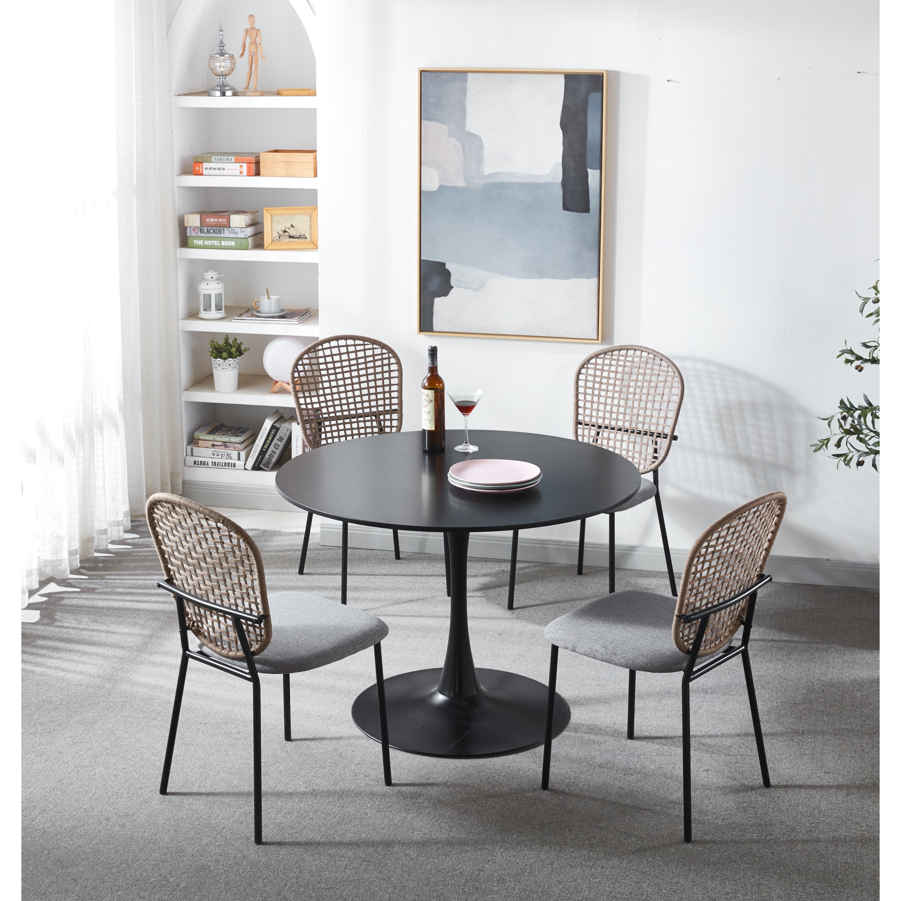 Modern Elegant 5 Pieces Dining Set with MDF Table 4 Rattan Chairs