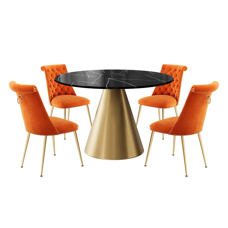 48" Marble Top Metal Dining Table with Velvet Dining Chair Set