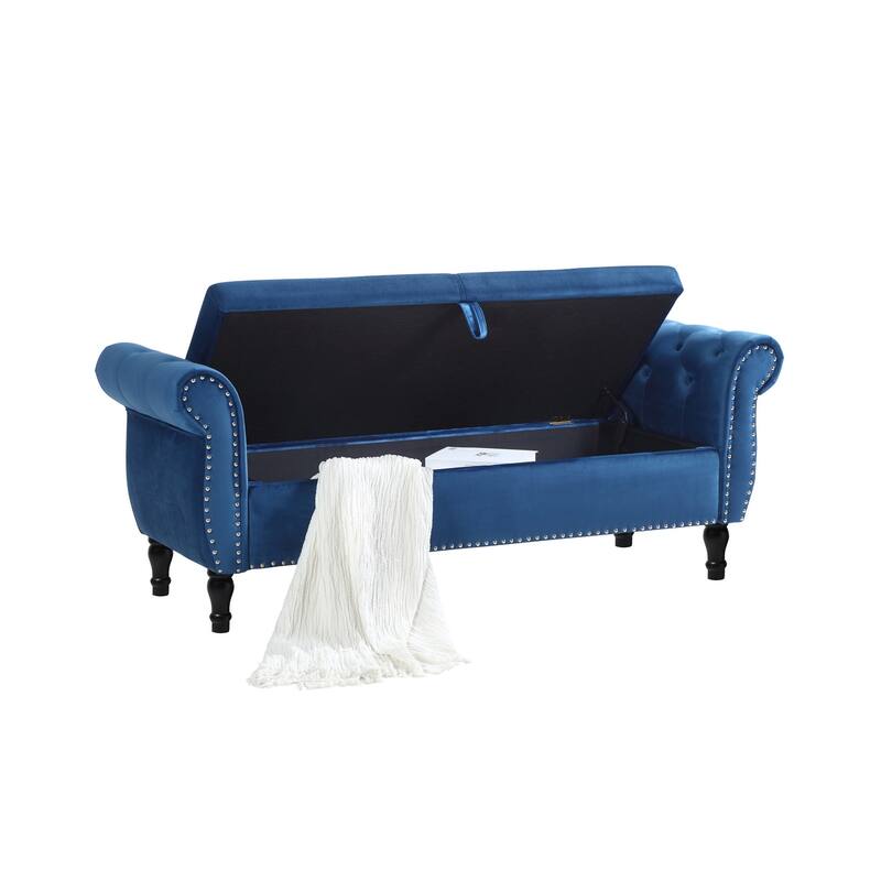 Flip Top Storage Tufted Nailhead Upholstered Bench with Solid Wood Legs
