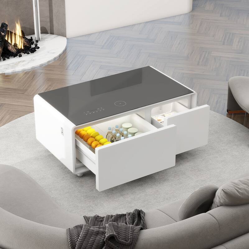Modern Smart Coffee Table with Built-in Fridge Bluetooth Speaker Touch Control Panel Atmosphere light, for Living Room