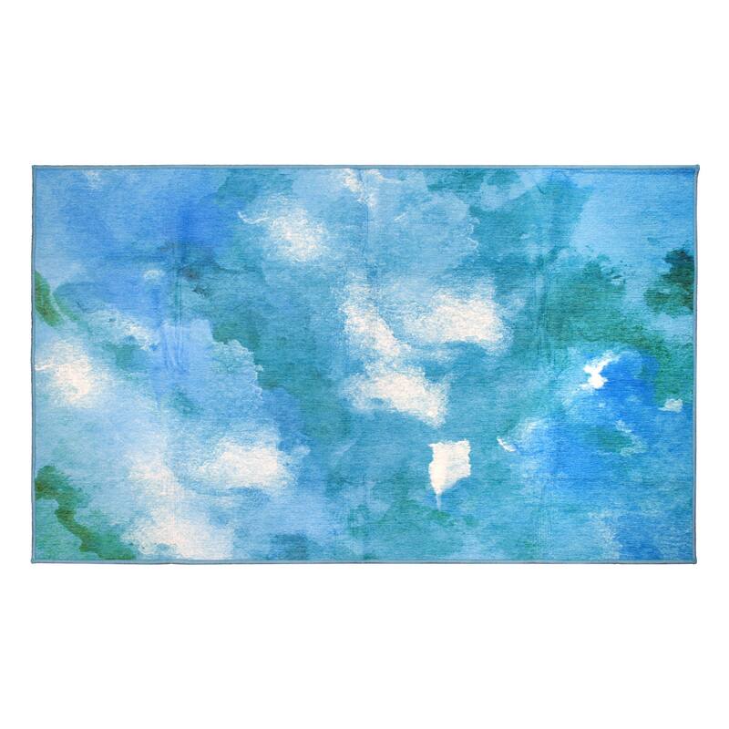 My Magic Carpet Machine Washable Rug Watercolor Aqua Blue