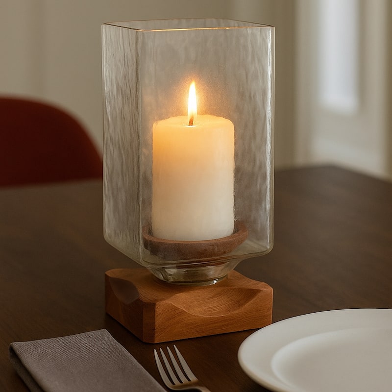 Decorative Wood and Glass Hurrican Pillar Candle Holder