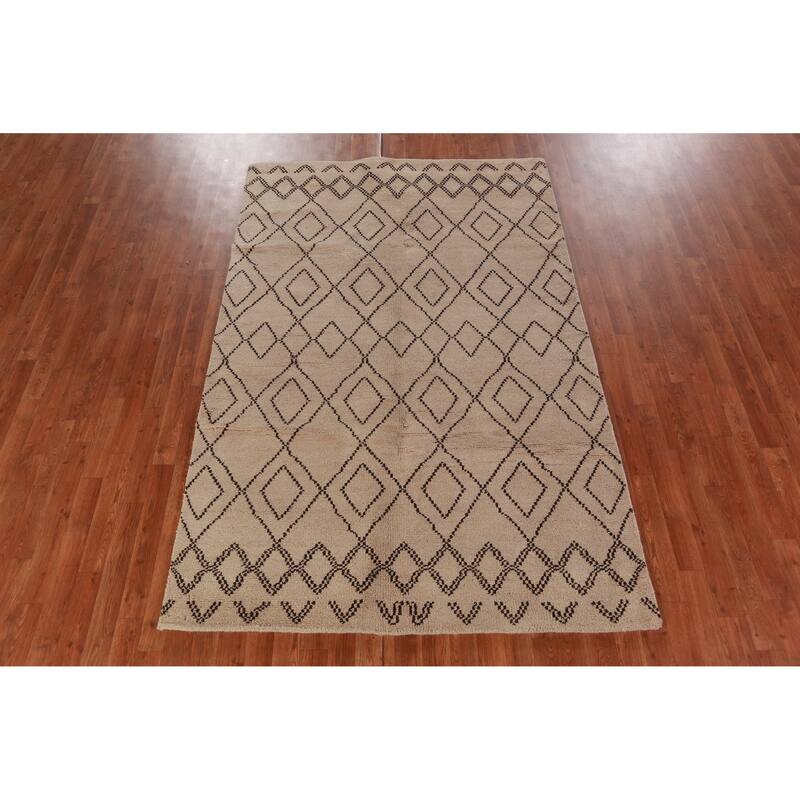 Hand Knotted Oriental 100% Wool Carpet Modern Geometric Beige & Ivories Moroccan Area Rug - 8' 0'' X 5' 0''