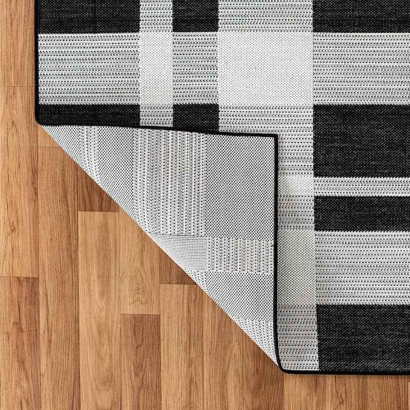 Contemporary Plaid Indoor/Outdoor Flatweave Waterproof Backyard Patio Area Rug