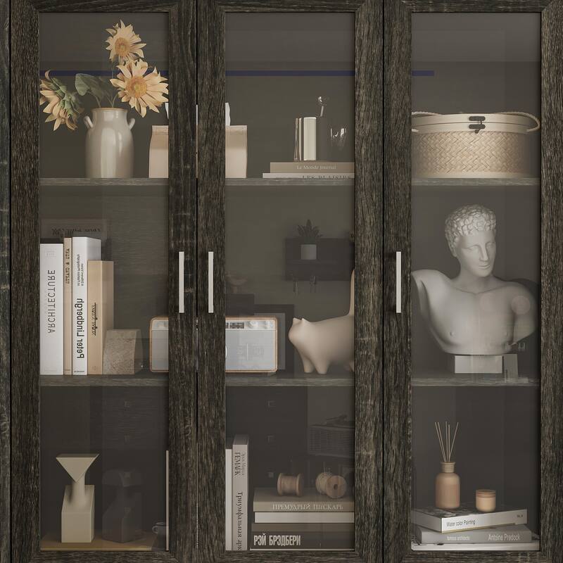 Modular Glass Door Bookcase Wall Unit with Storage Cabinets and Drawers, Dark Oak Display Hutch for Living Room or Home Office