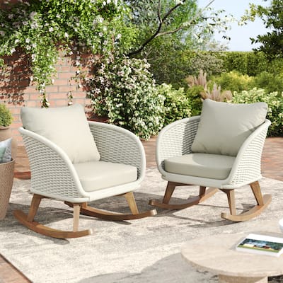 [Set of 2] 29.5" Contemporary Minimalist Beige Wicker Rocking Chair with Soft Polyester Cushions and Durable Wooden Frame