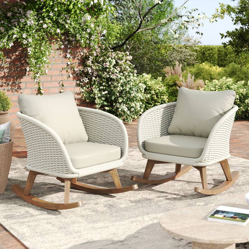 Contemporary Gray Wicker Rocking Chair with Soft Polyester Cushions for Indoor and Outdoor Spaces like Patio, Balcony - Beige