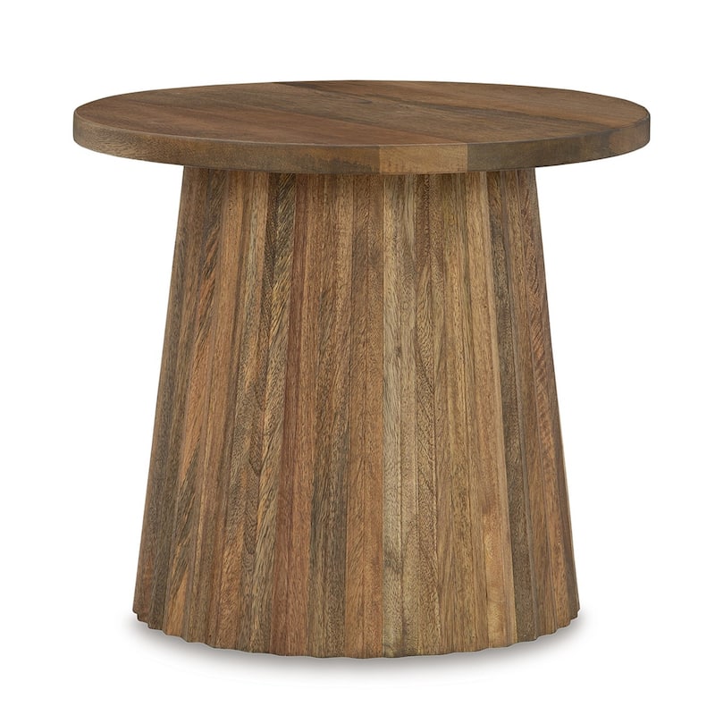 Ceil Accent Table, Round Fluted Walnut Brown Solid Wood Base, 20 Inch