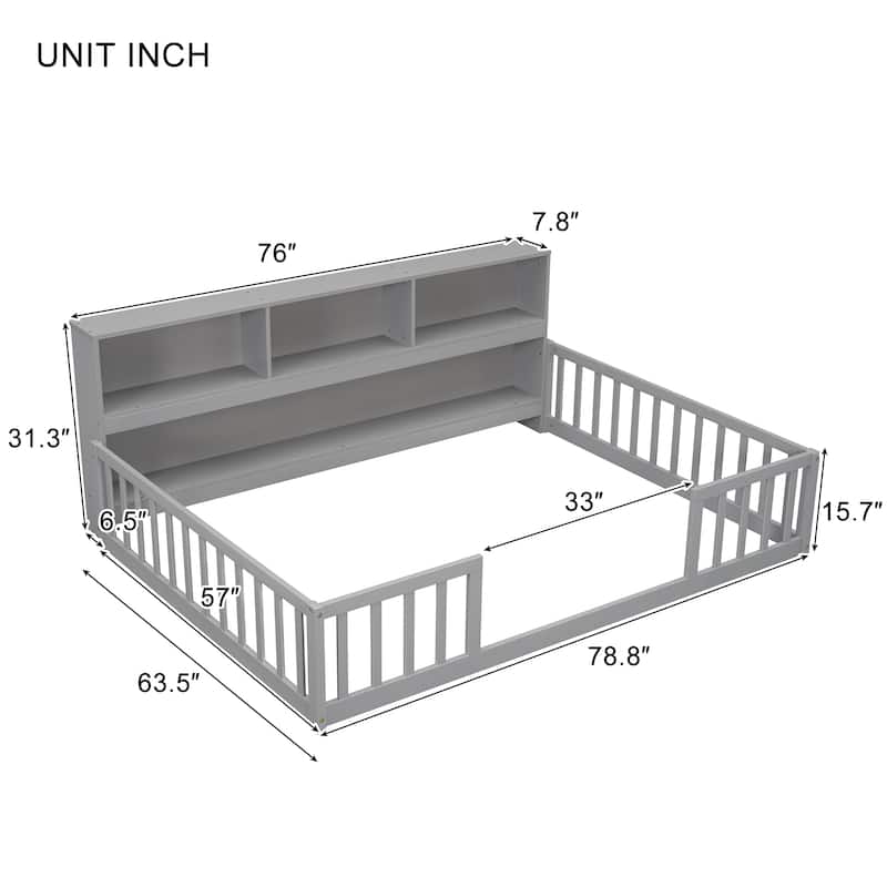 Toddler Floor Storage Bed with Bedside Bookcase, Shelves, Fence Guardrails, No Door, No Slats for Boys Girls Children's Room