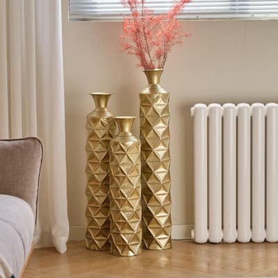 Set of 3 Home Decoration Metal High Distress Vases with 3D Triangle Pattern (33.5"/29.5"/25.2" H)