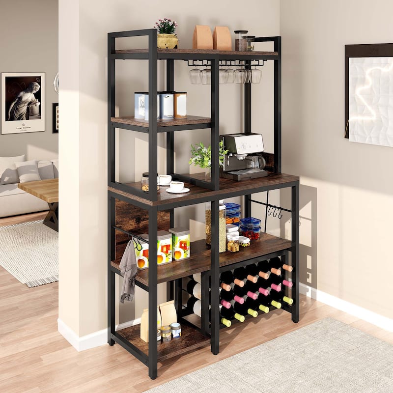 Kitchen Baker's Rack with Microwave Stand Wine Storage and Utility Shelves for Organized Pantry
