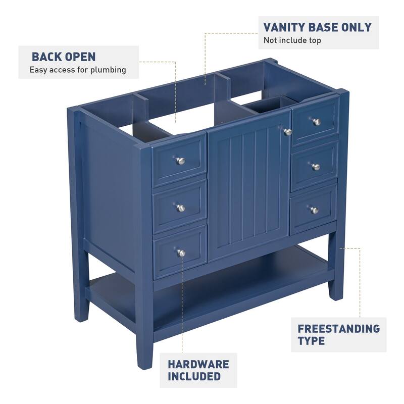 36" Blue Bathroom Vanity Cabinet, Three Drawers, One Cabinet, Open Shelf, Freestanding Design