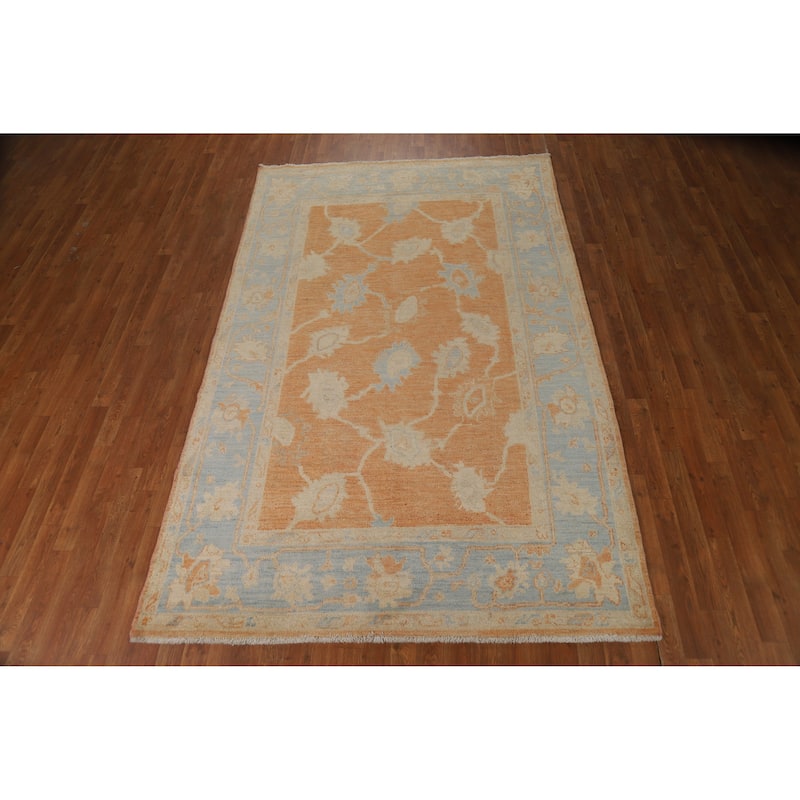 Orange Vegetable Dye Floral Oushak Turkish Rug Handmade Wool Carpet - 5'8"x 9'0"