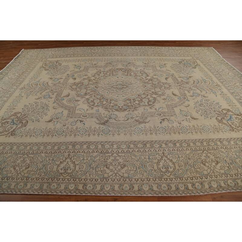 Hand Knotted Oriental 100% Wool Carpet Traditional Floral Beige & Ivories Tabriz Area Rug - 12' 9'' X 9' 7''