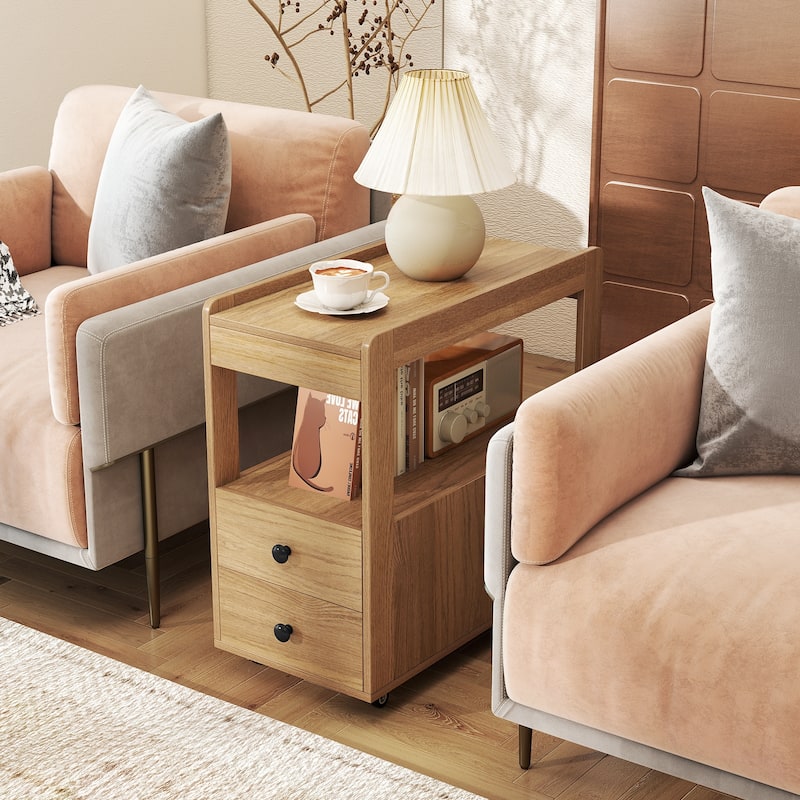 Gymax Narrow End Table Modern 2-Drawer Sofa Side Table w/ Open Shelves