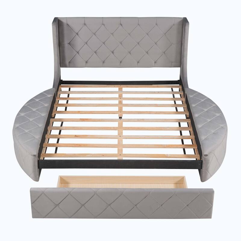 Queen Size Upholstered Platform Bed with Wingback Headboard and 1 Big Drawer,2 Side Storage Stool