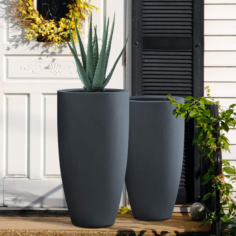 Kante 31.4" and 23.6"H Weathered Finish Concrete Tall Planters (Set of 2), Large Outdoor Indoor