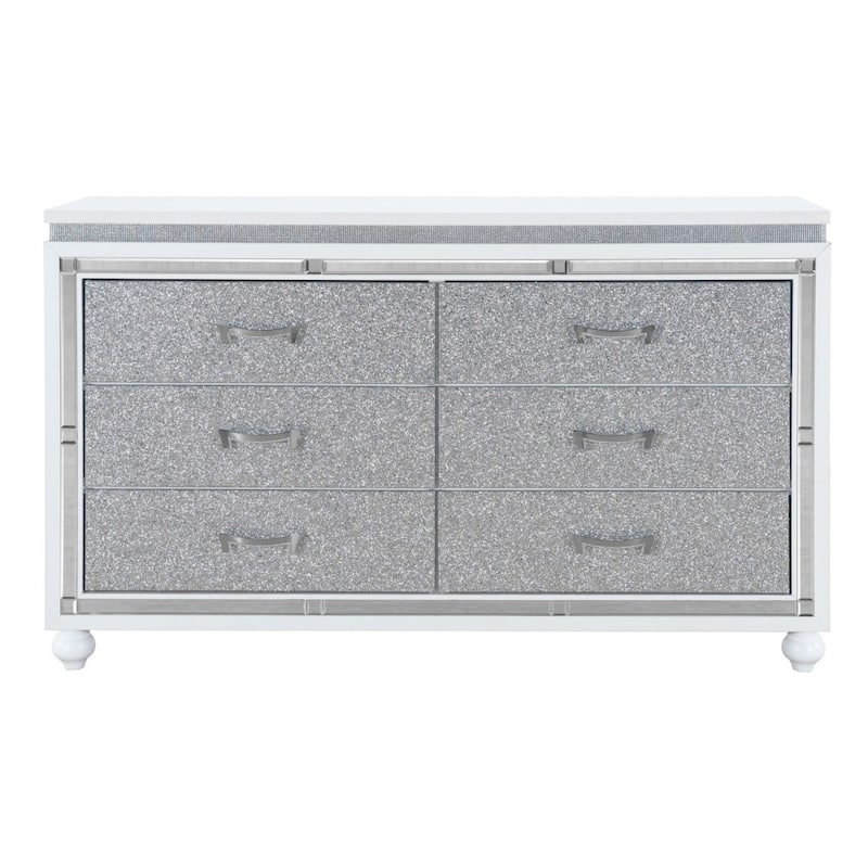 HomeRoots 58" White And Silver Faux Crystal Bling Wood Six Drawer Double Dresser
