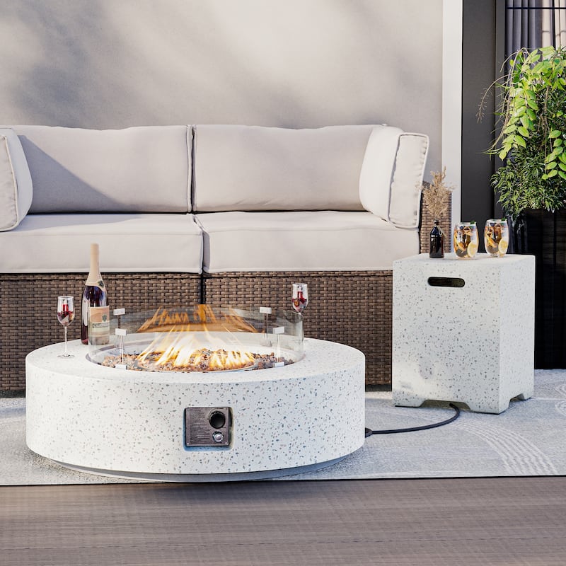 SUNBURY Round Outdoor Propane Fire Pit w Wind Guard and Tank Cover - White