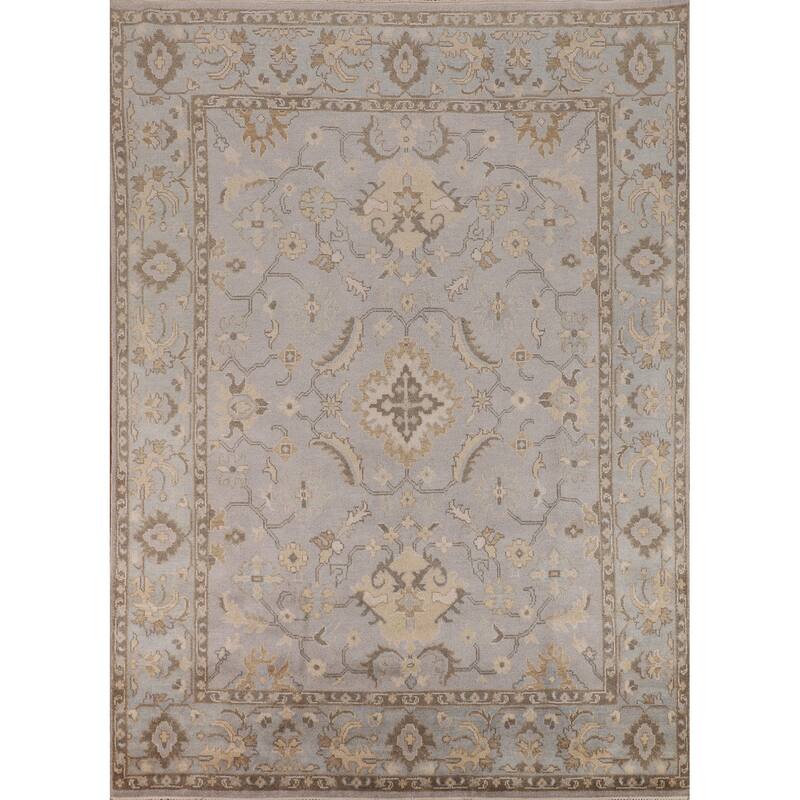 All-Over Gray Oushak Indian Area Rug Hand-Knotted Wool Carpet - 7'11"x 10'0"