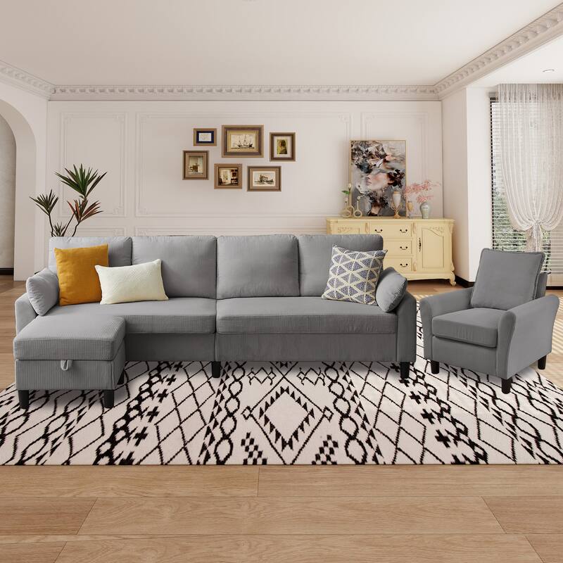 101"Corduroy 3 Piece Living Room Set Including 4 Seater Sofa ,Storage Ottoman and Chair - Light Grey