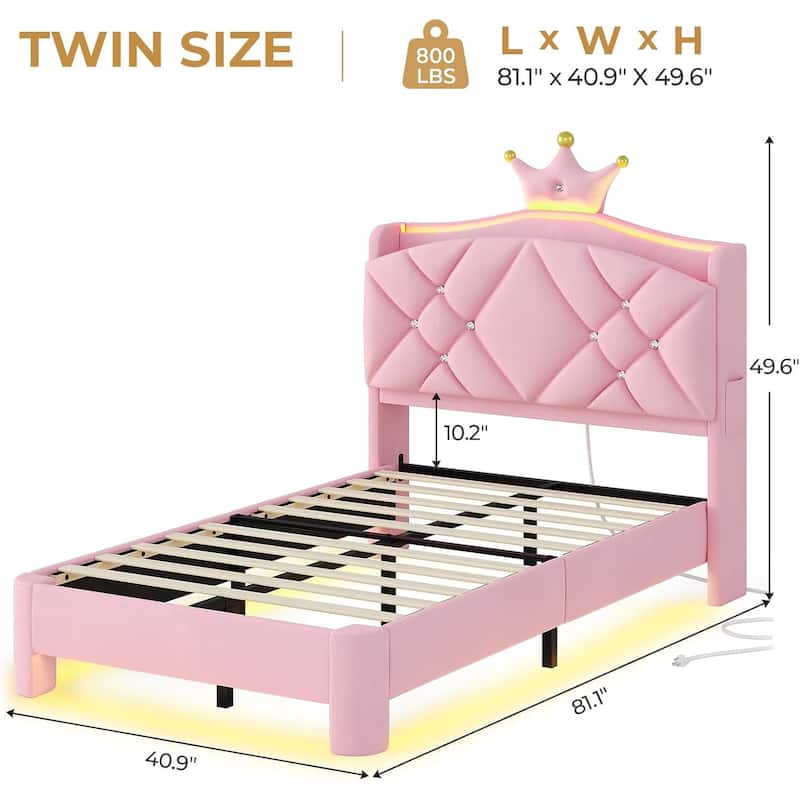 Princess Upholstered Bed with Headboard Charging Station Crystal Button Crown