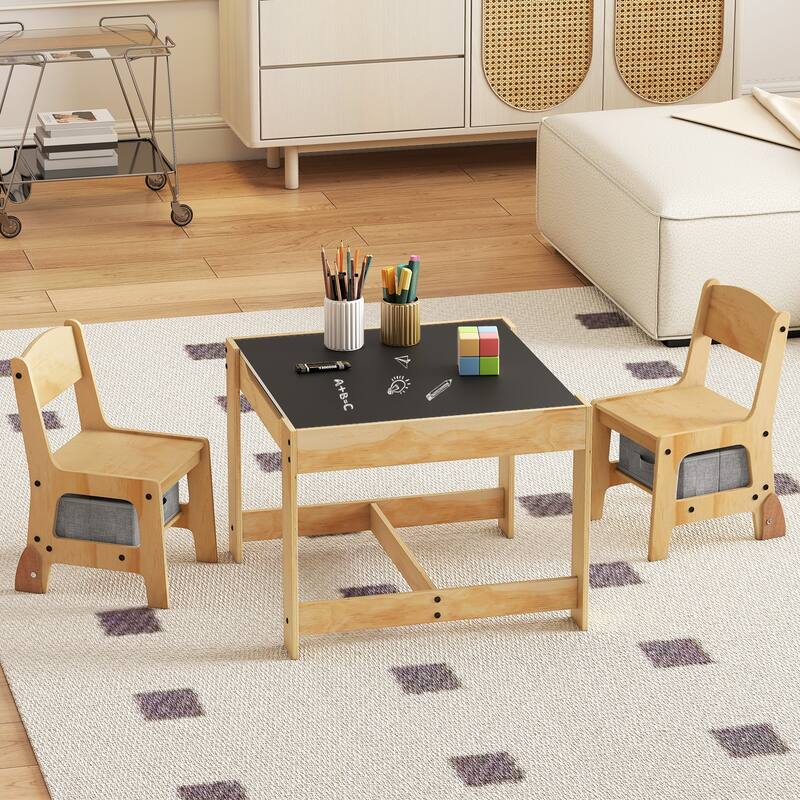 Plywood 3 in 1 Kids Table and Chairs Set with Storage Bins - 24.5" x 24.5" x 19"