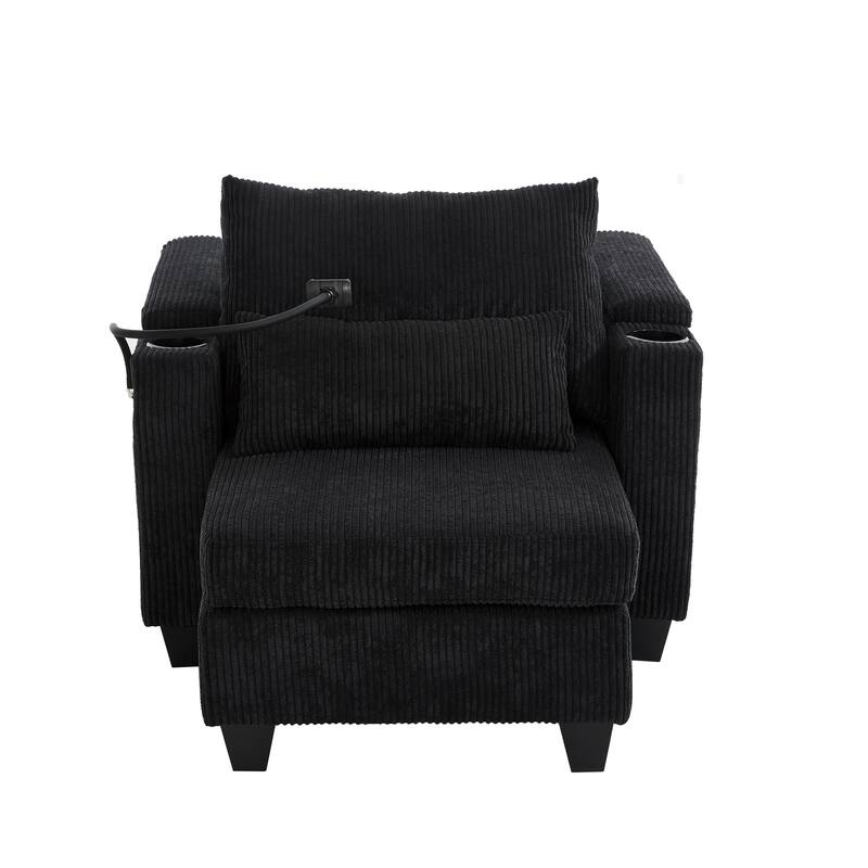 Convertible Sleeper Sofa Chaise Lounge with Movable Backrest, Corduroy Reading Chair with USB Ports, Cup Holders & Phone Holder