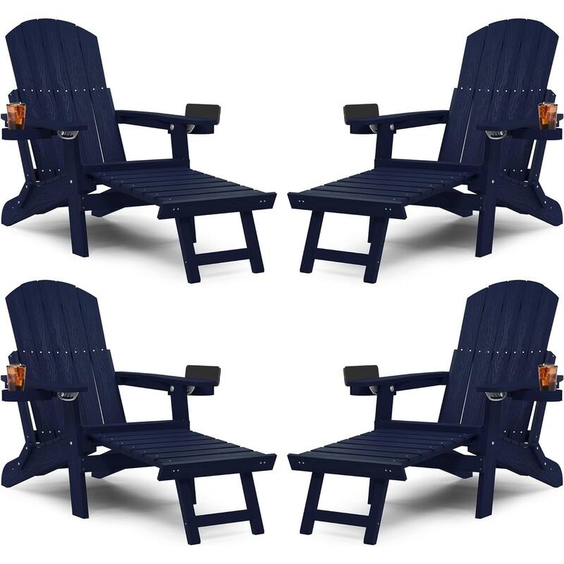 WINSOON All Weather HIPS Folding Adirondack Chair with Ottoman, 5-Gear Adjustable Backrest and Retractable Ottoman Set of 4