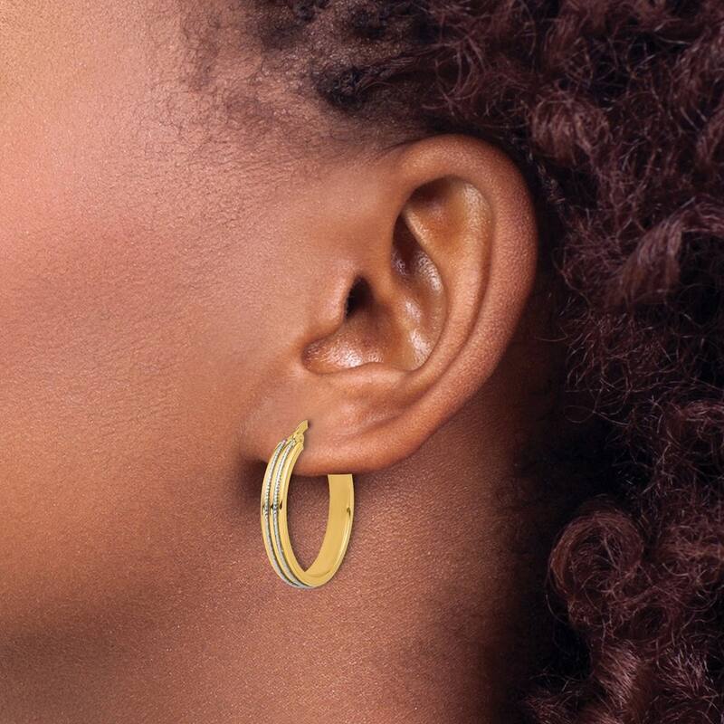 Curata 14k Two Tone Gold Polished and Sparkle Cut Hoop Earrings - 24.75x24mm