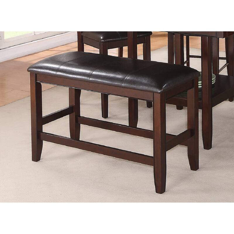Farmhouse Style 1pc Brown Espresso Counter Height Bench Footrest Faux Leather Upholstered Seat Wooden Furniture